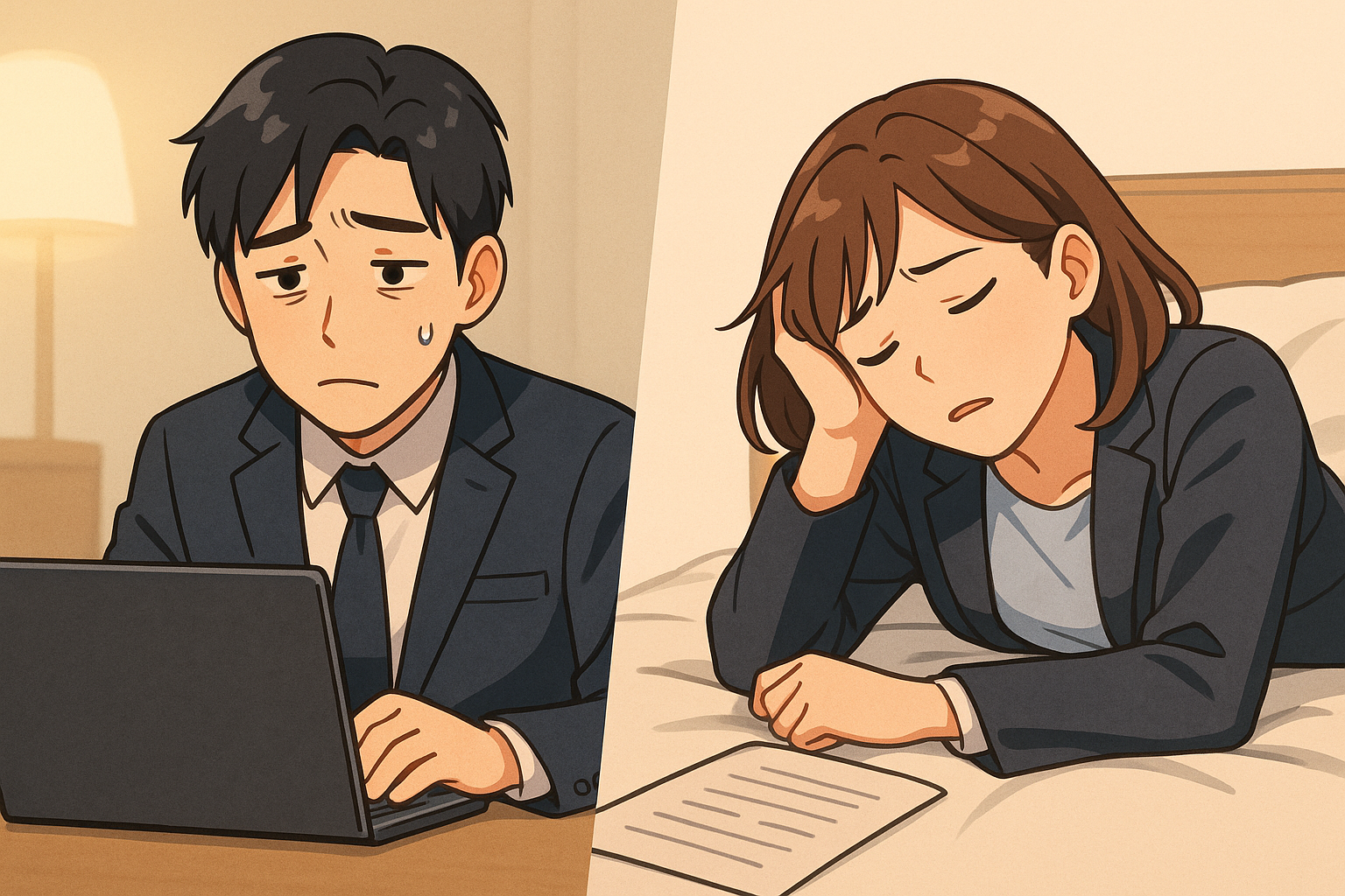 長時間労働やサービス残業に悩む会社員が退職を考える様子を描いた退職代行ヤメサスのサポートイメージ。